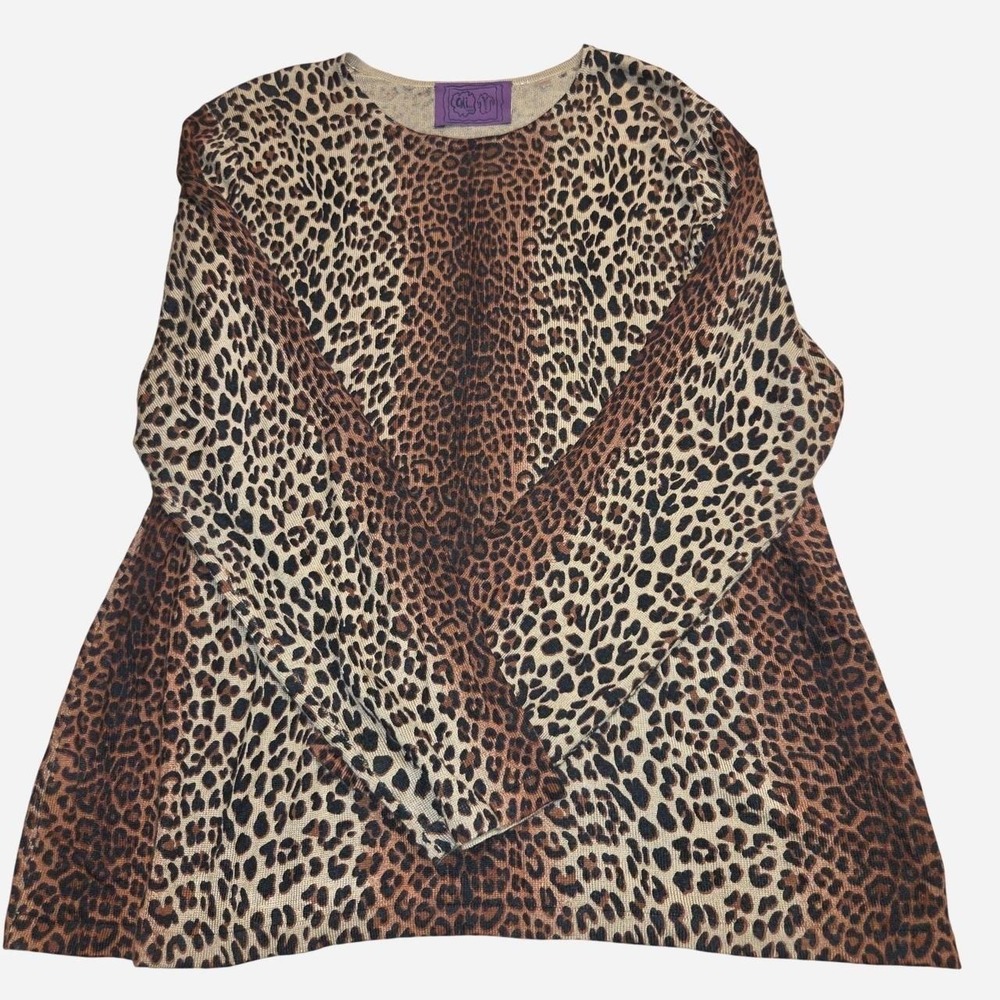 Chi by Falchi Leopard Print Blouse Womens Brown Boho Animal Print Knit Top L